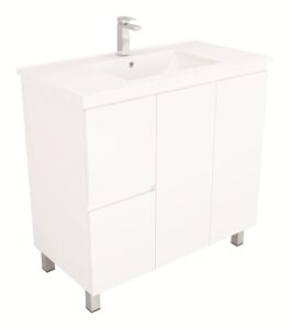 Bianca 900mm Square Vanity on Legs with Ceramic Basin - Left Drawers