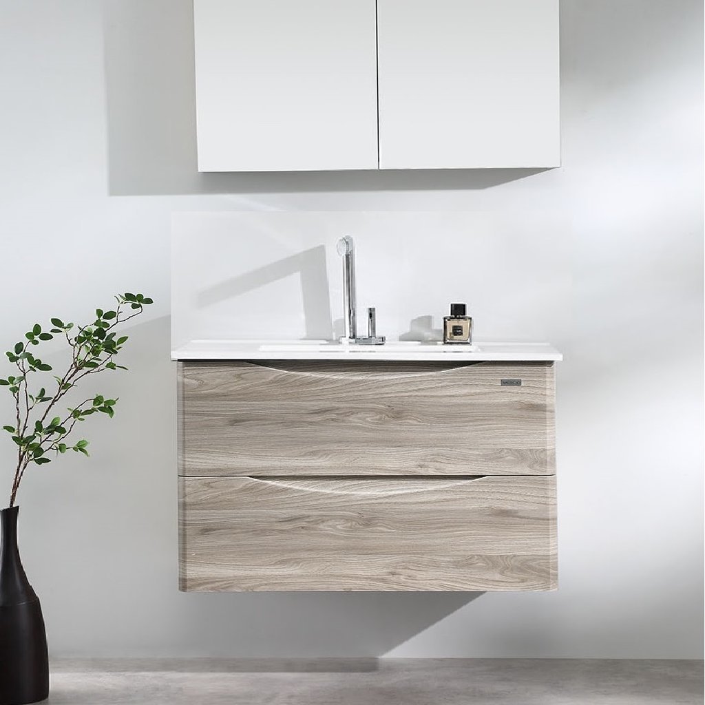Luna 900mm Wall Mount Vanity With Ceramic Top Canyon Oak