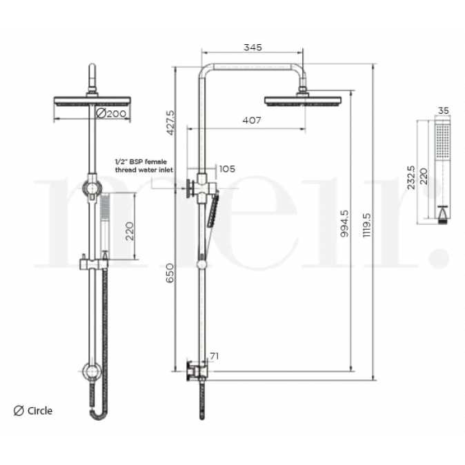 Meir 2 in 1 Twin Round Combination Shower Rail 200mm Rose & Hand Shower ...