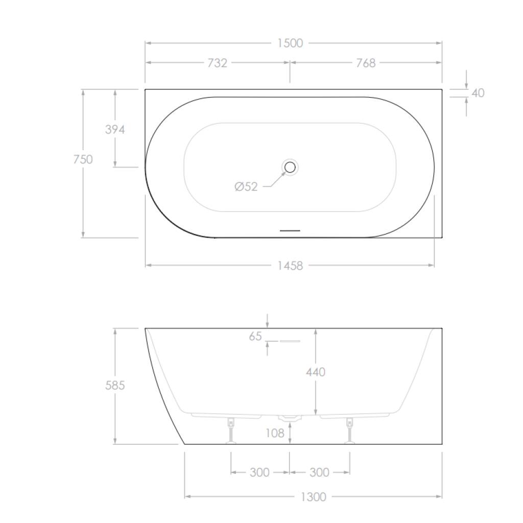 Ovia Vienna 1500mm Right Hand Corner Bath Tub Matte White No Overflow - BSD